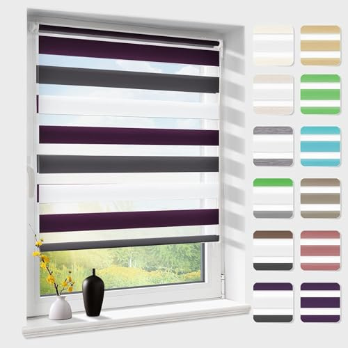 Doppelrollo klemmfix ohne Bohren, Duo Rollos für Fenster & Tür mit Bohren, Weiß Lila Anthrazit B45 x H120cm (Stoffbreite 45 cm), Fensterrollo lichtdurchlässig & verdunkelnd, Klemmrollo Sonnenschutz