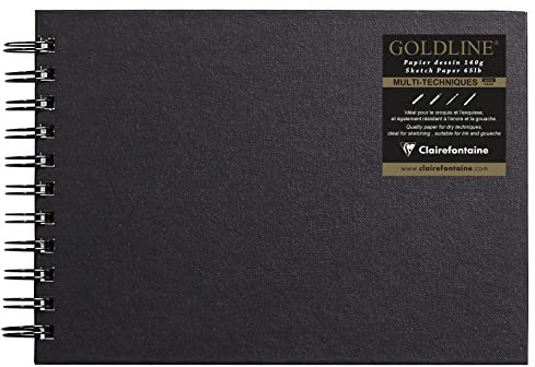 Clairefontaine 34257C - Skizzenbuch Goldline mit Spiralbindung, DIN A5 14,8x21 cm Querformat, 64 Blatt 140g weißes Zeichenpapier, 1 Stück, Schwarz