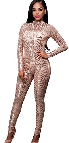 YOUJIA Jumpsuit Einteiler Pailletten für Damen Einteiler Glänzend Strampler Slim Fit Bodysuit Abendmode Overall (Gold, CN L)