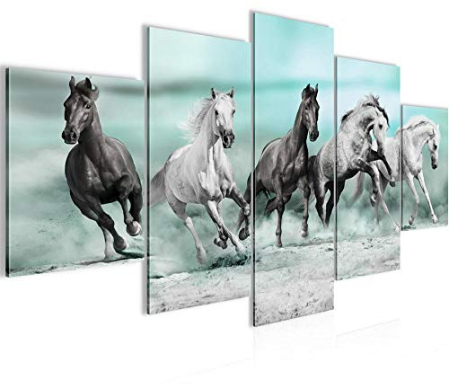 Runa Art Bild Wohnzimmer Schlafzimmer Pferde 5 Teilig Tiere Blau Wandbilder auf Vlies Leinwand 014153b