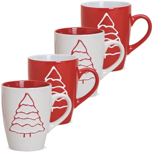 Tassen 4er Set Xmas Baum in rot und weiß - Klassische Dekor Keramik Kaffeebecher als Weihnachtstassen in 10 cm - Kaffeetassen für Weihnachten spülmaschinenfest und mikrowellengeeignet