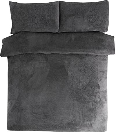 Sleepdown Teddy Fleece Duvet Cover Quilt Bedding Set with Pillow Case Thermal Warm Cosy Super Soft - Single - Charcoal