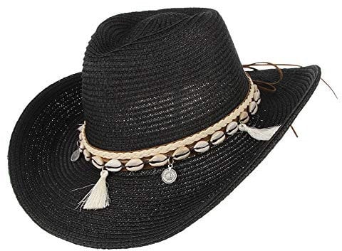 LTSWEET Cowboy Strohhut Herren Damen Westernhut Sonnenhut Strand Kappe Natürliches Stroh Shell Schick Breiter Krempe Sonnenschutz Größe Einstellbar Draussen Sport,Schwarz
