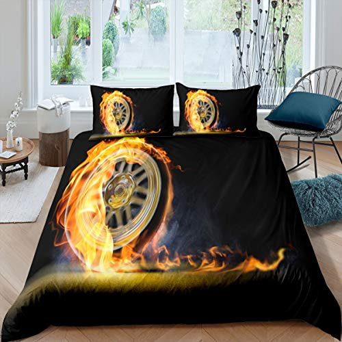 Loussiesd Burning Wheel Betten Set Extremsport Thema Bettwäsche Set 155x220cm Für Kinder Jungen Männer Rennsportwagen Bettbezug Set Automobile Style Room Decor
