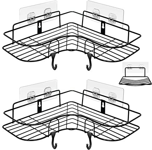 ADORAMOUR Etagere Douche sans Percage - 2 Pack d'Organisateurs de Salle de Bain avec Porte Savon, étagère de Rangement Adhésive pour Produits de Toilette, Rangement Salle de Bain, Noir