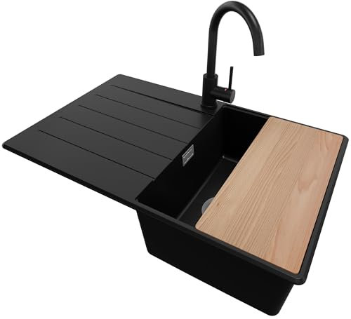PRIMAGRAN Fregadero Granito Negro 78x50cm, Cocina 1 Seno + Grifo 32x20cm + Sifón + Tabla de cortar, Sobre encimera al mueble 45cm - Copenhague