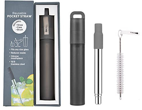 Hoshen Cannuccia telescopica riutilizzabile in acciaio inox, cannuccia portatile, con ugello in silicone e spazzola per la pulizia (scatola originale), colore grigio, 1 pezzo