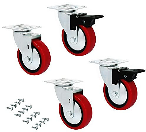 Emuca - Kit di Ruote con Piastra per Montaggio, Ø 50, Rosso, Acciaio e Tecnoplastica, Rossa, Ø50mm