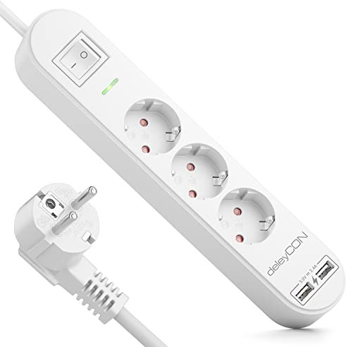 deleyCON 3,0m Multiprise 3 Compartiments avec USB 3X Prises de Contact de Protection 2X Prise de Chargement USB-A par ex. Téléphone Portable et Tablette Protection de Survoltage Bouton on/Off Blanc