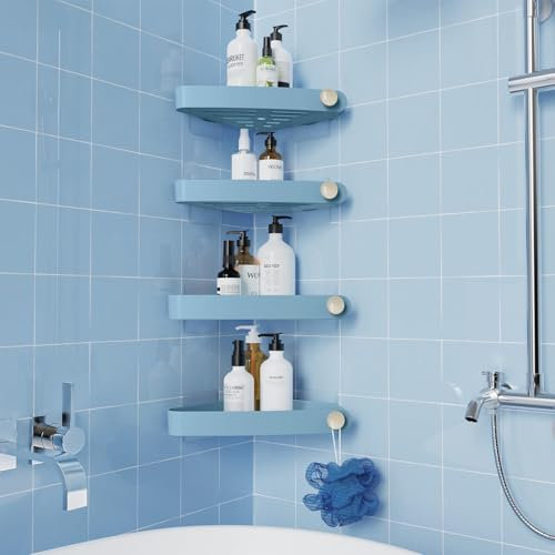 Sotfamily Duschablage ohne Bohren Ecke, 4 Stück Duschregal Badregal ohne Bohren mit Klebepad, Rostfreier Kunststoff Shampoo Halterung für Dusche für Badezimmer, Hellblau
