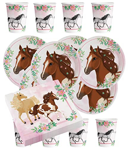 Juego de vajilla de 36 piezas, diseño de pony, diseño de caballos encantadores, para fiestas de cumpleaños infantiles, platos, vasos, servilletas, vajilla de papel, para hasta 8 personas