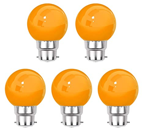 G.W.S® Pack of 5, B22 Bayonet 3W Orange, G45 LED Coloured Light Bulb, Garden Party Wedding Festoon Lights