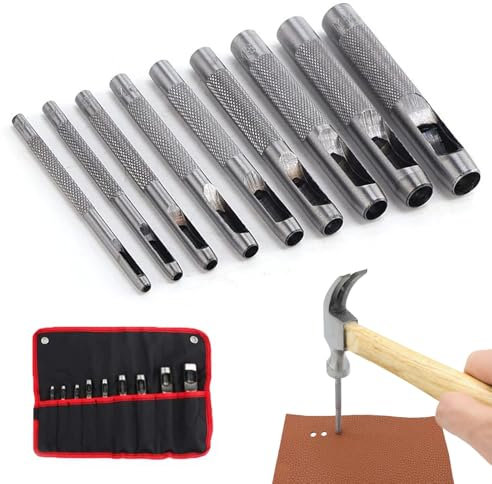 Bztzhm 9 Pièces Lot de poinçons pour cuir, Creux Poinçon en Cuir, Creux en Acier Rond Set, Poinçon Creux, Cuir Creux en Acie, pour Percer des Matériaux Souples - Cuir, Bande de Montre,Toile, Oeillet