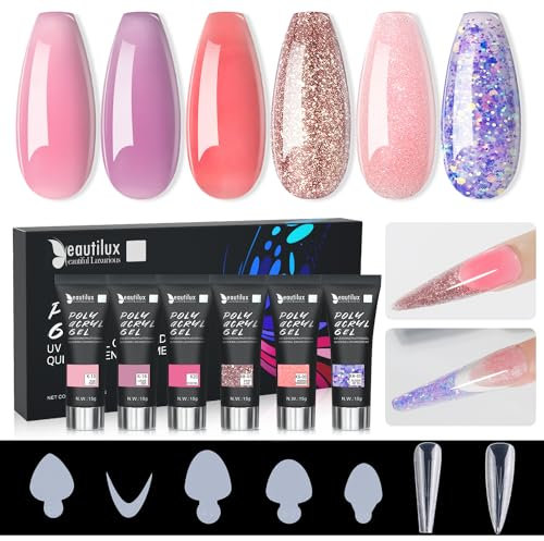 Beautilux Poly Nail Gel Kit, 6 * 15g Poly Nail Extension Gel, Acrygel Ongle Kit UV Tube Gel Pour Nail Art