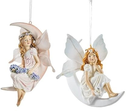 DRW Set mit 2 Feen auf Mond zum Aufhängen, aus Kunstharz, handbemalt, 6 x 14 x 14 cm