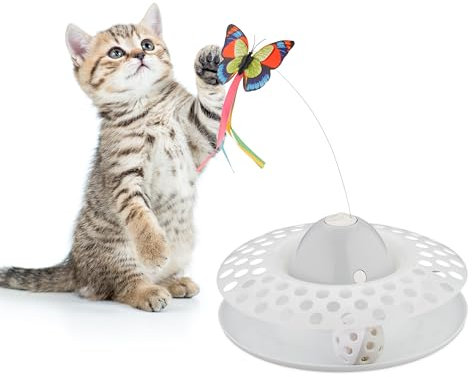 Relaxdays Katzenspielzeug Schmetterling und Ball, HxD: 33,5x22 cm, interaktives Katzenkarussel, Katzenrondell 360°, weiß