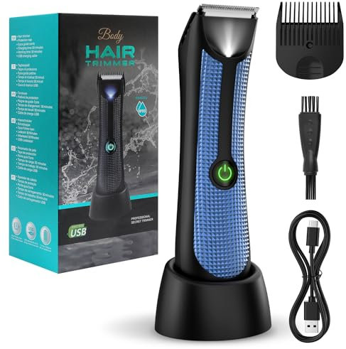 Vexloria Ball Trimmer Men, Body Groomer Men, Electric Groin Hair Trimmer, Pubic Hair Trimmer with Ceramic Blade Head, Wet/Dry Shaver with LED Light and Charging Base（Blue）