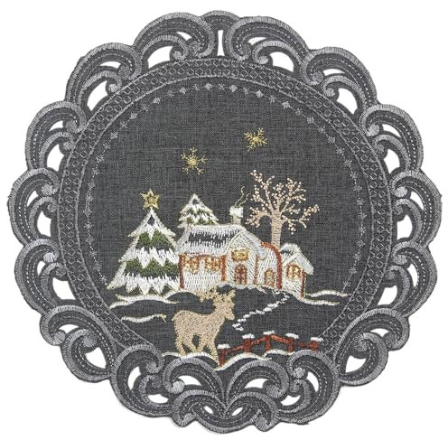 Weihnachten Hirsch im Winterlandschaft Tischläufer Leinenoptik ca. 30 cm Rund, Grau