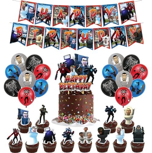 SMLHPARTY Skibidi Toilet Birthday Decorations - 30pcs Balloons, Banner, Cake Toppers - Black - Unisex Children - Birthday Occasion - All Ages