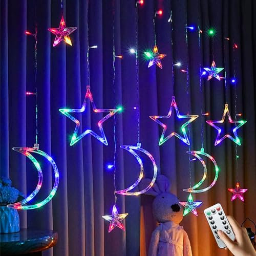 HIQE-FL Sterne Vorhang Lichter,3.5M LichtLichterkette Sternenvorhang,8 Modi Für Innen,LED Mond Sterne Weihnachten Lichterkette,LED Lichterketten Stern Mond,Weihnachten,Ramadan,Partydekoration (D)