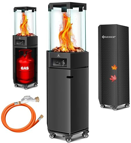 KESSER® Heizstrahler Gas Terrassenheizstrahler Gasheizungen Gasheizstrahler Gasheizer inkl. Schutzhülle Outdoor-Heizung Mobiler Heizpilz Flammenheizer, Pyramide Terrassenheizer, mit Bodenrollen