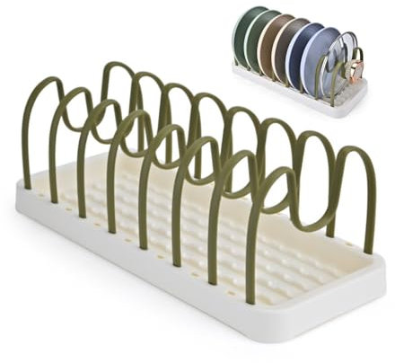 Clove Organizador Platos Cajón Cocina, Organizador de Platos Armario Plástico sin BPA, Ajustable Soporte Platos Vertical 7 Compartimentos, Bandeja Escurreplatos Seca Platos Escurridor Verde Salvia