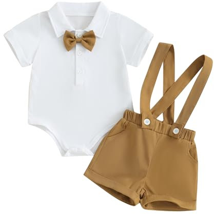 Dazzerake 2 Pezzi Completi per Neonato Tutina da Gentiluomini Estivi Pagliaccetto Camicia a Maniche Corte con Papillon + Salopette Pantaloncini con Bretelle 0-24 Mesi (G Khaki, 0-3 mesi)