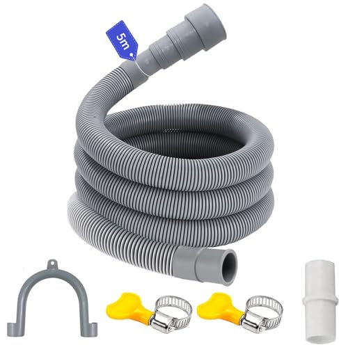 LUKIUP Tuyau Vidange Machine a Laver, 1/1,5/2/2,5/3/4/5/6M Rallonge de Tuyau de Vidange, Tuyau de Vidange Universel, avec Support Forme U et 2*Colliers de Serrage, pour Lave Vaisselle (5M)