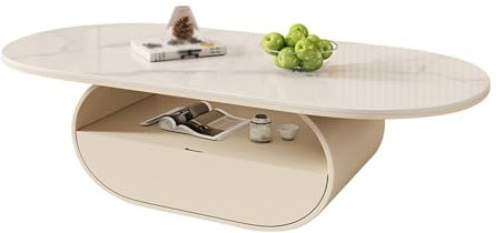 STCERY Couchtisch, Oval Kaffeetisch, Beistelltisch Marmor Optik, Wohnzimmertisch mit Schubladen und Unten Stauraum, Metallgestell Kaffeetisch, für Wohnzimmer/Büro(White B)