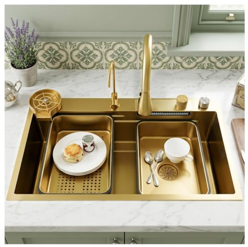KOOGIMDDR 80×45cm oro Fregaderos Cocina 1 seno de cascada, con Grifo Cocina Extraible, Fregadero de Acero Nano Inoxidable, gran Fregadero sobre encimera al mueble