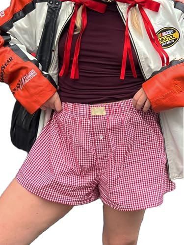 GRECERELLE Short de pyjama à carreaux en coton pour femme - Boxer mignon pour femme - Pantalon de plage décontracté - Short de détente Y2K avec poches, écossais rouge, L