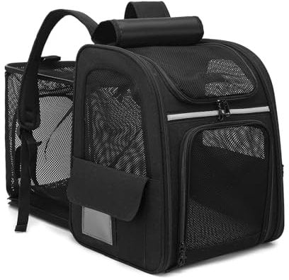 Dogat KatzenRucksack Groß Raum, Haustier Rucksäcke für Katzen Hunde bis 12KG, Faltbar Katzenrucksack, Tragbare und Erweiterbare Ourdoor Raum Tragetasche, Front Opening-Mesh Fenstertaschen, Schwarz