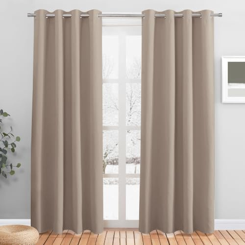 PONY DANCE Verdunklungsgardine Wohnzimmer Modern Ösenschal 2er Set | H225 x B132 cm, Tauper, Thermovorhang gegen Kälte, Blickdicht, für Schlafzimmer, Abdunkelnd, Sichtschutz, Türvorhang