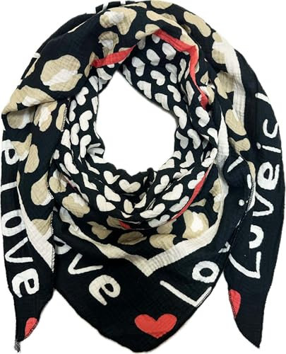 XL Dreieck Strickschal Herz Leopard Frühling Schal 100% Baumwolle Made in Italy Fashion Tuch Dreieckschal Stola Herbst Frühling Tuch Leo Love is Love Happy (Schwarz)