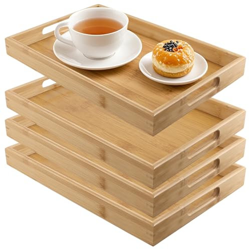NAMYEUT 4 PCS 41 x 29 x 4cm Wooden Serving Trays, Rectangular Bamboo Trays with Handles,Wooden Serving Platters for Food, Tea, Dessert