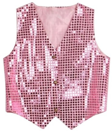 CUTeFiorino Gilet à paillettes pour femme - Costume de carnaval pour homme - Argenté - Sans manches - Pour fête, carnaval, cosplay, danse - Vintage - Col en V - Gilet à paillettes années 70, Rose, XL