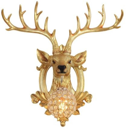Kristall Wandleuchte Retro Hirschkopf Wandlampe lnnen Rustikaler Elch Dekor Lampe Harz Tier Hirsch Wandbeleuchtung Kugel Kristall Lampenschirm Nachttischlampe für Wohnzimmer Flur Schlafzimmer,Gold