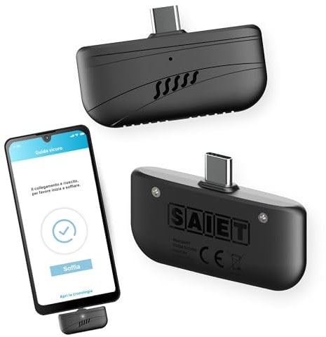 SAIET Alcol Test Portatile Guida Sicuro, Facile da Utilizzare, Risultato in Tempo Reale con App Dedicata - Alcoltest Igienico Senza Contatto, Funziona Senza Batteria, Compatibilità Type-C
