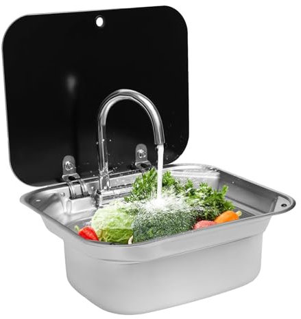 ZPBLWT Kit di Lavandino Camper con Rubinetto Pieghevole e Coperchio, Lavandino del Bacino Rettangolare a Mano per Roulotte Camper Cucina, 41.5x36x15cm