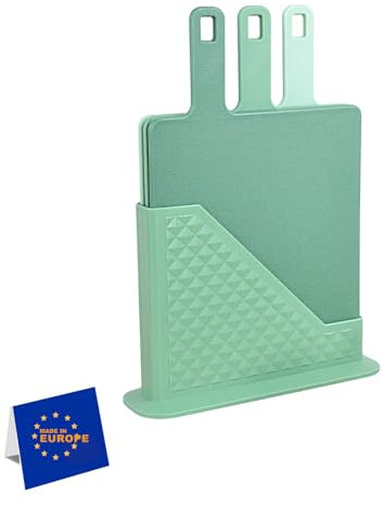 IDOBY Schneidebrett Kunststoff 3er Set mit Ständer, drei Küchenbretter spülmaschinenfest, Jausen-Bretter-Set Küche mit Kennzeichnung, hygienisches Küchenzubehör (Grün Vertikal)