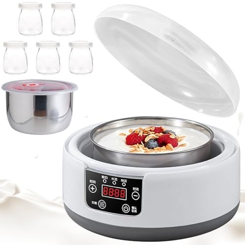 1200 ml Yogurt Maker, Adjustable Time and Temperature, Probiotic Yogurt Maker with 5 Jars, Multi-Function Yoghurt Maker with Led Display & Timer, for Make Yogurt/natto/Rice Wine