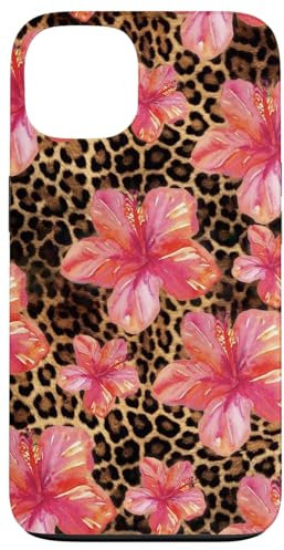 Cute Aesthetic Pink Hibiscus Pattern Leopard Print Girly Y2K Case for iPhone 13