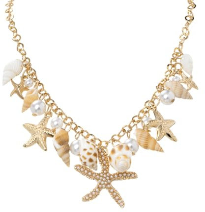 CYWQ Shell Starfish Necklace Conch Pearl Seashell Statement Chunky Layered Shell Necklace Costume Jewelry Beach Jewelry for Women (Gold)