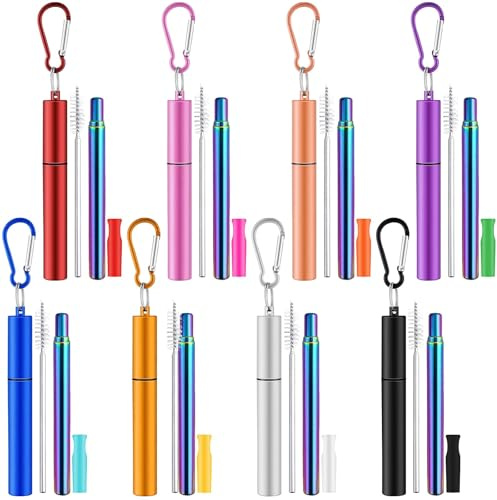 Lot de 8 pailles réutilisables en acier inoxydable avec pointe en silicone, pailles de voyage télescopiques avec boîte de rangement et brosse de nettoyage pour les fêtes, le camping et les