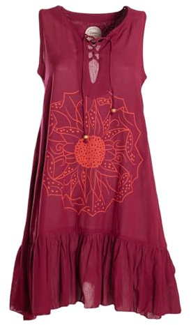 Vishes Alternative Bekleidung - Damen mittellanges Kleid Baumwolle Blumen-Muster Hängerkleid mit Schnürung und Holzperlen dunkelrot 34