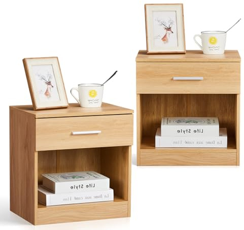 TactFire Nachttisch 2er Set Nachtschrank Beistelltisch Eiche | Schlichter Kommode mit 1 offenem Fach und 1 Schublade 39x29x41cm