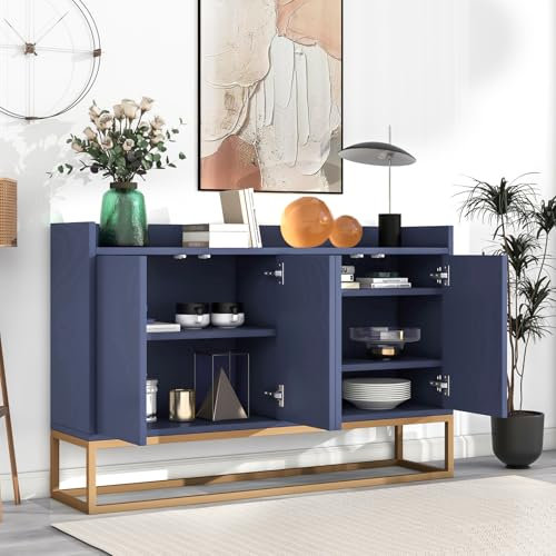 Lietre Sideboard mit 4 Türen Stauraum, Küchenschrank mit Arbeitsplatte, Kommode 120X30X80cm Aufbewahrungsschrank, Buffetschrank für Esszimmer Wohnzimmer Küche (blau)