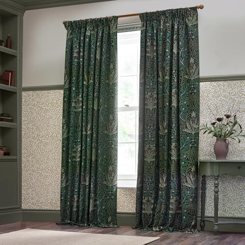 Morris&Co Acorn Pencil Pleat Curtain Pair – Lined Jacquard Chenille with Botanical Floral Heritage Design (Thyme/Forest - 168x183cm)