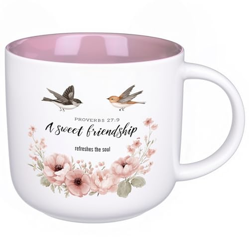 ONRRI 13.5 oz Ceramic Friendship Mug with Floral and Bird Design, Interior Pink, A Sweet Friendship refresh the soul., Christian Message Gift for Women