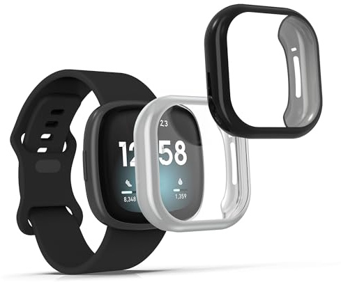 kwmobile 2X Silikon Hülle für Fitbit Versa 3 / Sense Schutzhülle - Fullbody Display Cover Set aus Silikon - Schwarz Silber